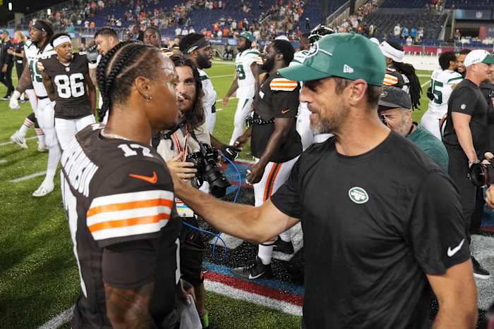 Dorian Thompson-Robinson and Aaron Rodgers after the Hall of Fame Game